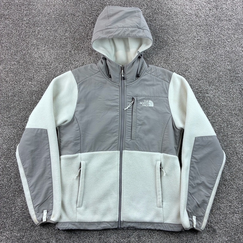 The North Face Hooded Denali Fleece Jacket Women's Small White Gray Full Zip